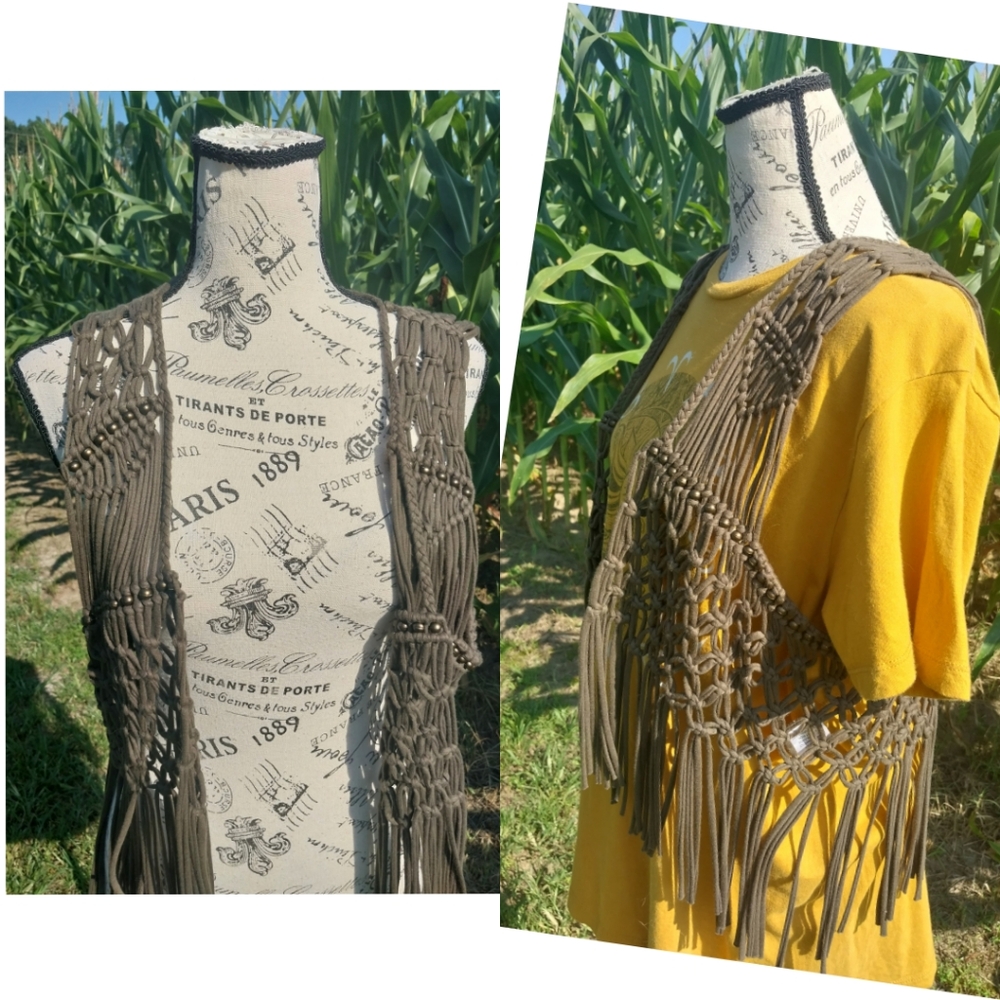 Boho Festival Brown Fringe Crochet Open Front Vest/ L